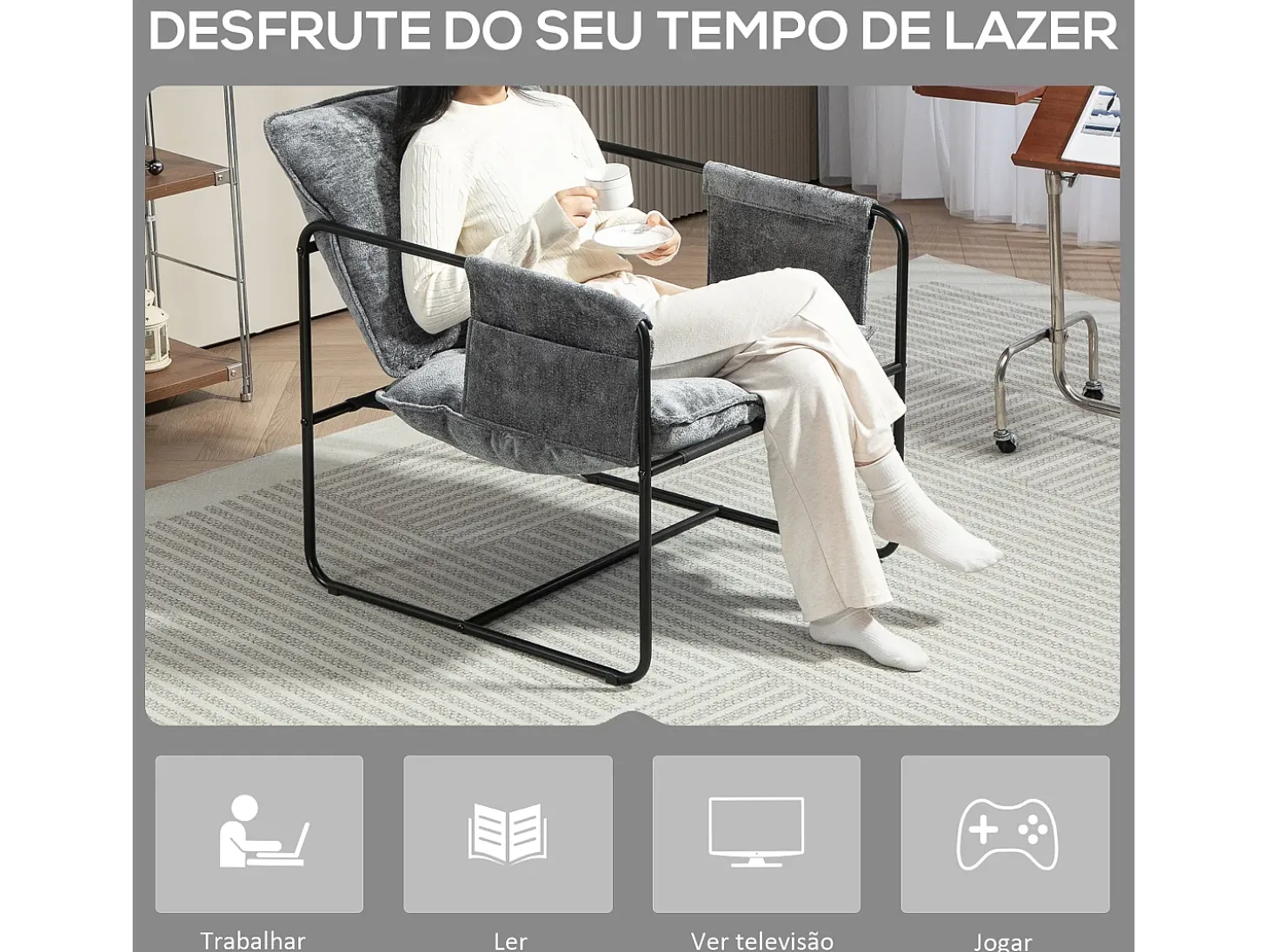 Butaca Albert Homcom bolsillos laterales gris 81x68x78 cm