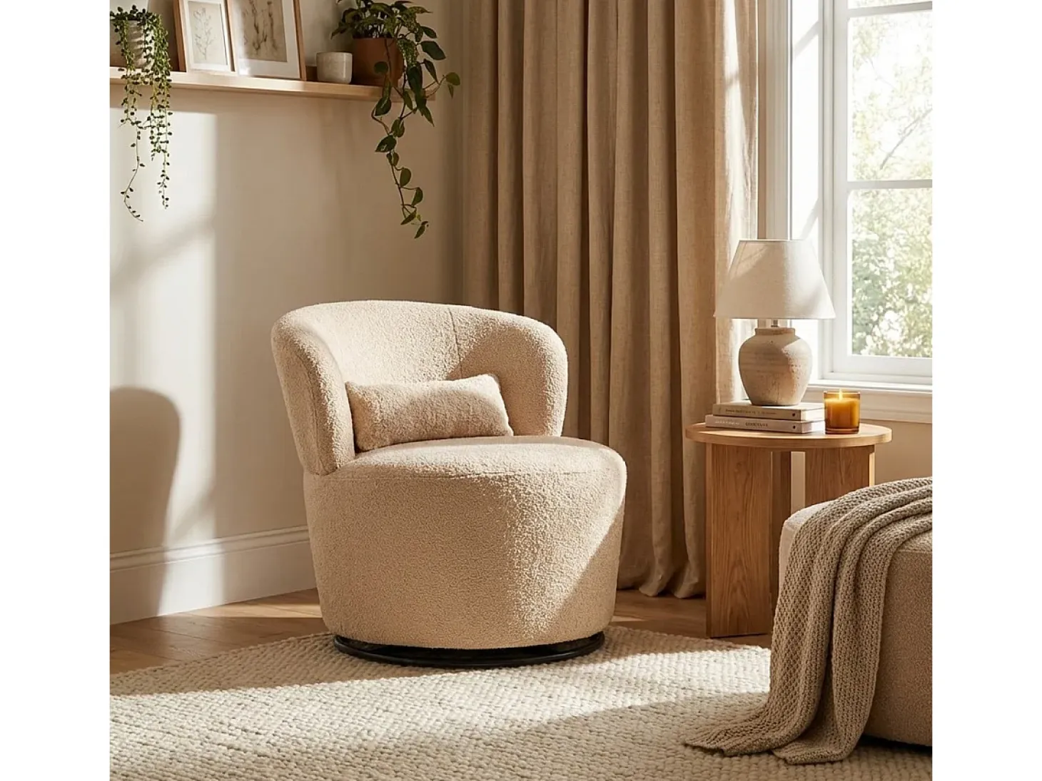 Butaca giratoria moderna para el salón en tela de bouclè Yammy - Beige