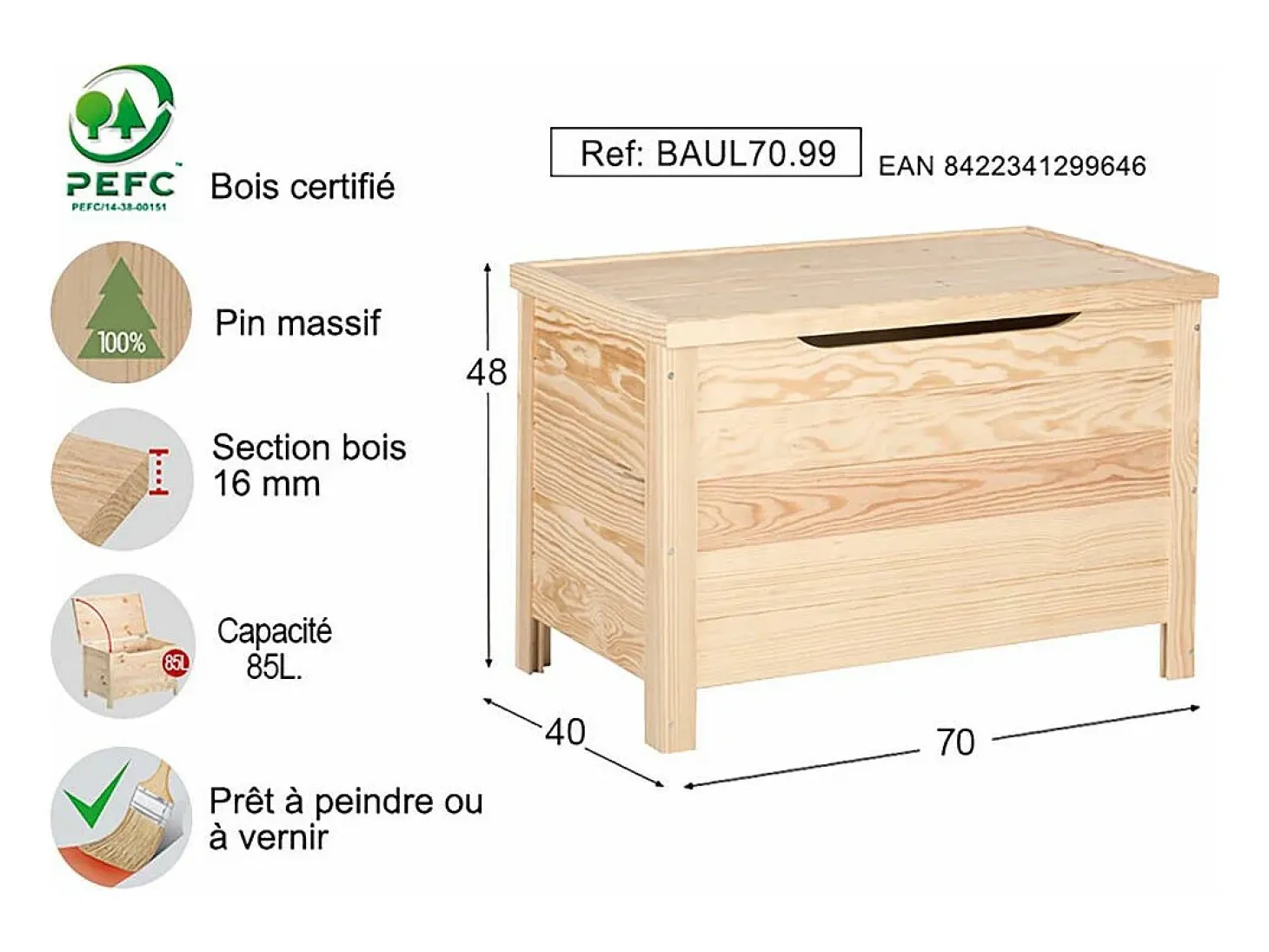 Caja de almacenamiento de pino 85L