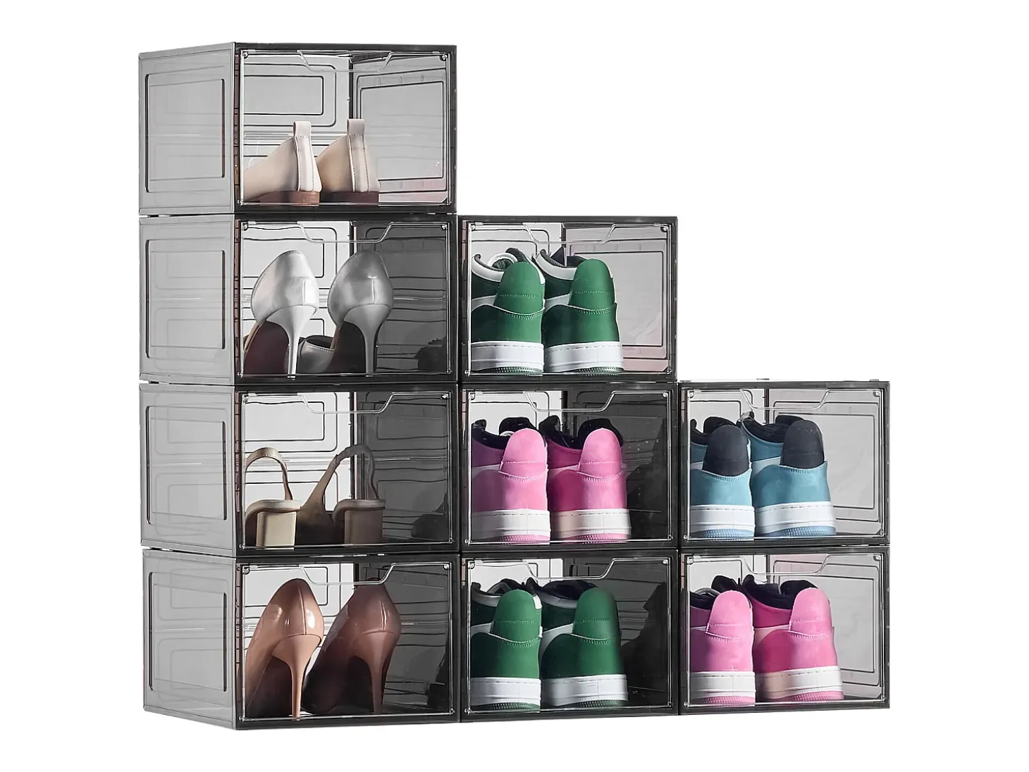 Cajas Apilables para Zapatos SucceBuy, Lote de 9, para Guardar Zapatos Hasta la Talla 13 de EE. UU., de Plástico, para Guardar Botas, Negro Transparente