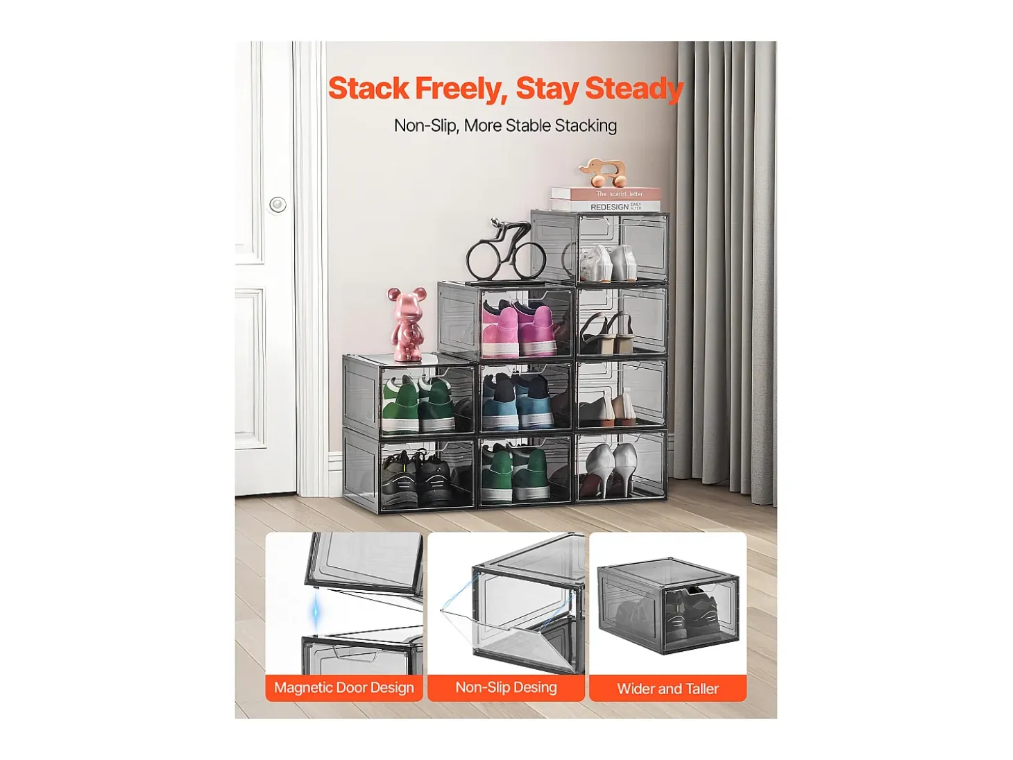 Cajas Apilables para Zapatos SucceBuy, Lote de 9, para Guardar Zapatos Hasta la Talla 13 de EE. UU., de Plástico, para Guardar Botas, Negro Transparente