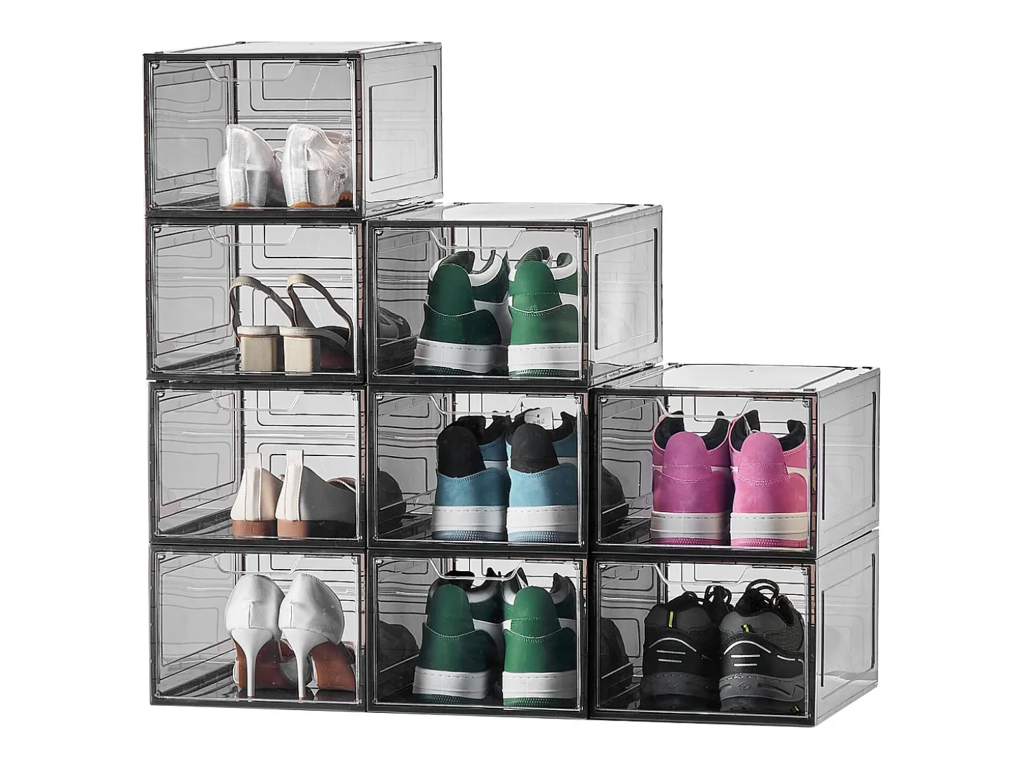 Cajas Apilables para Zapatos SucceBuy, Lote de 9, para Guardar Zapatos Hasta la Talla 13 de EE. UU., de Plástico, para Guardar Botas, Negro Transparente
