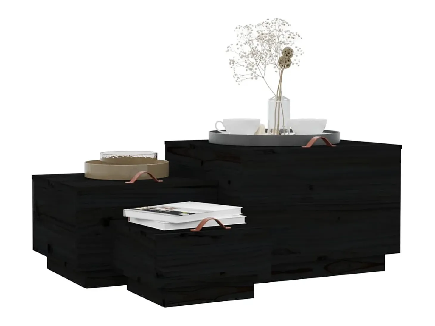 Cajas de almacenaje con tapa 3 pzas madera maciza pino negro