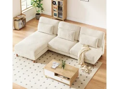 Canapé de esquina reversible en terciopelo acanalado - 2 plazas + méridienne - Beige - 256 x 160 x 88 cm