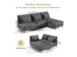 Canapé de esquina reversible en terciopelo acanalado - 2 plazas + méridienne - Gris - 256 x 160 x 88 cm