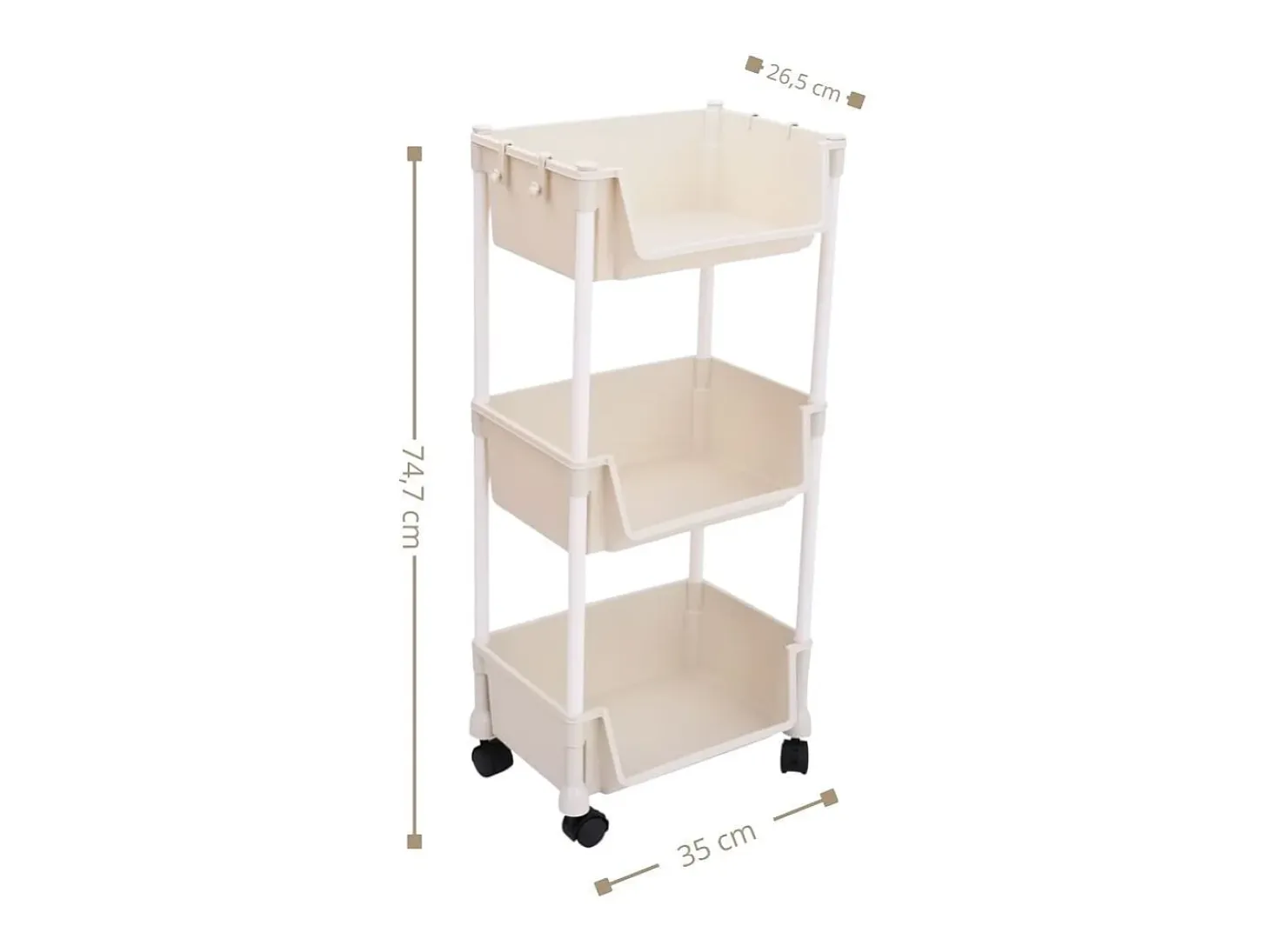Carrito auxiliar Reddie con 3 niveles y ruedas beige 74,7x35x26,5 cm