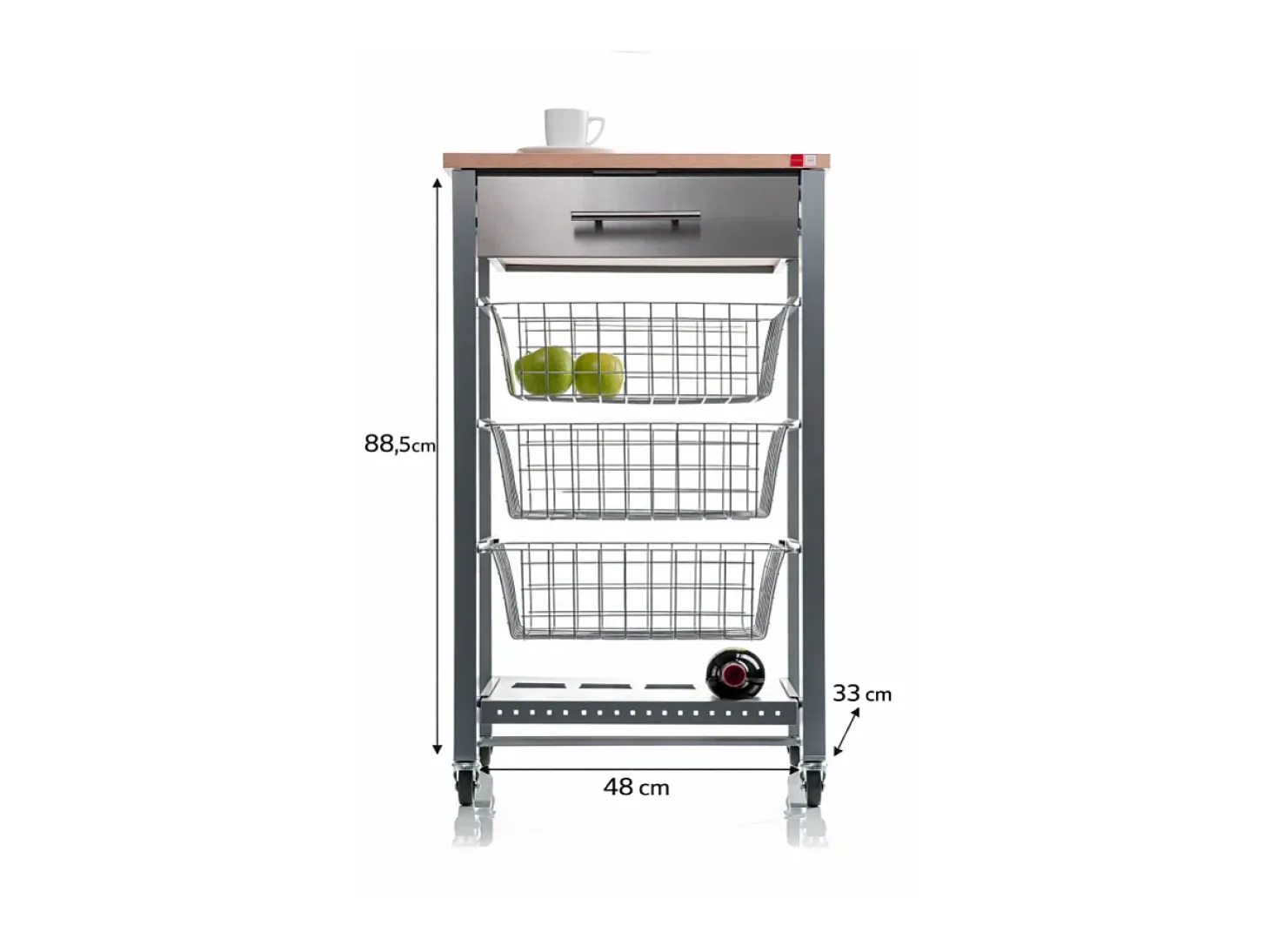 Carrito de cocina con ruedas APRIL – Mueble auxiliar elegante con cestas, cajón y botellero