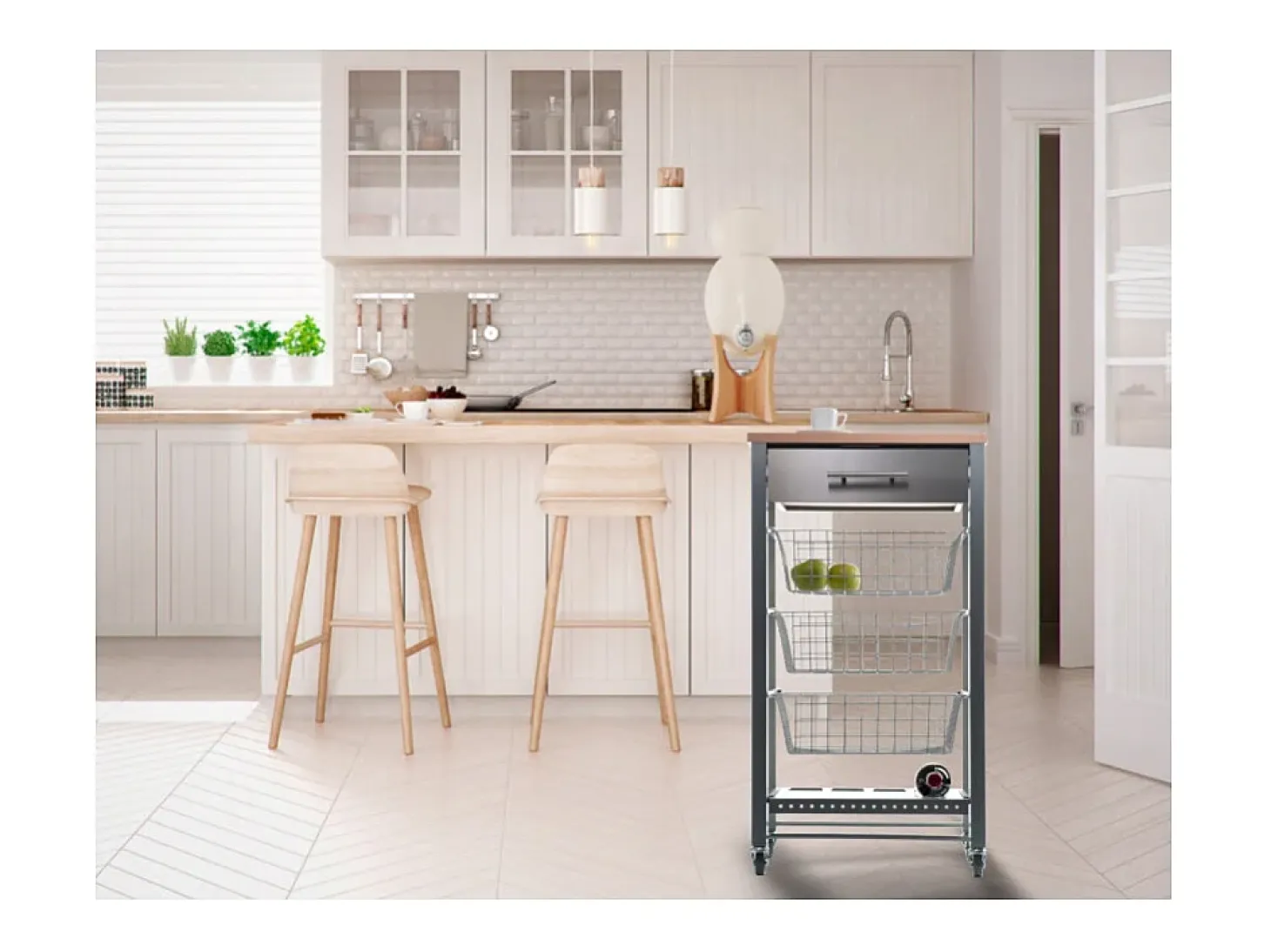 Carrito de cocina con ruedas APRIL – Mueble auxiliar elegante con cestas, cajón y botellero