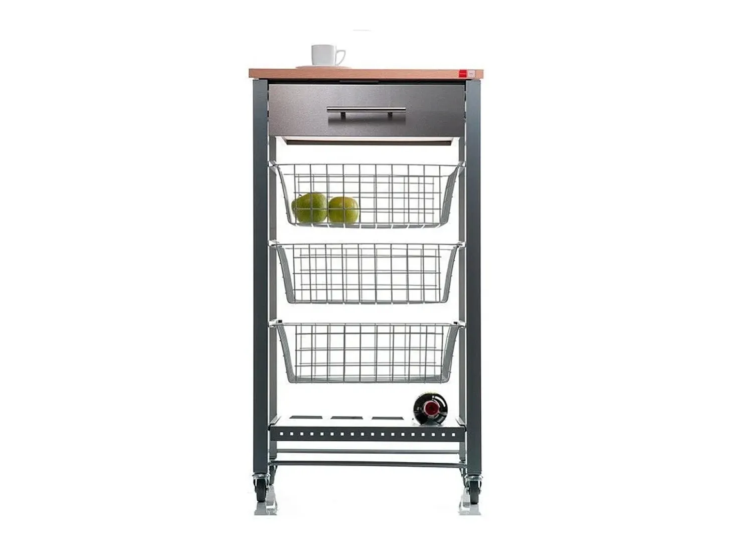 Carrito de cocina con ruedas APRIL – Mueble auxiliar elegante con cestas, cajón y botellero