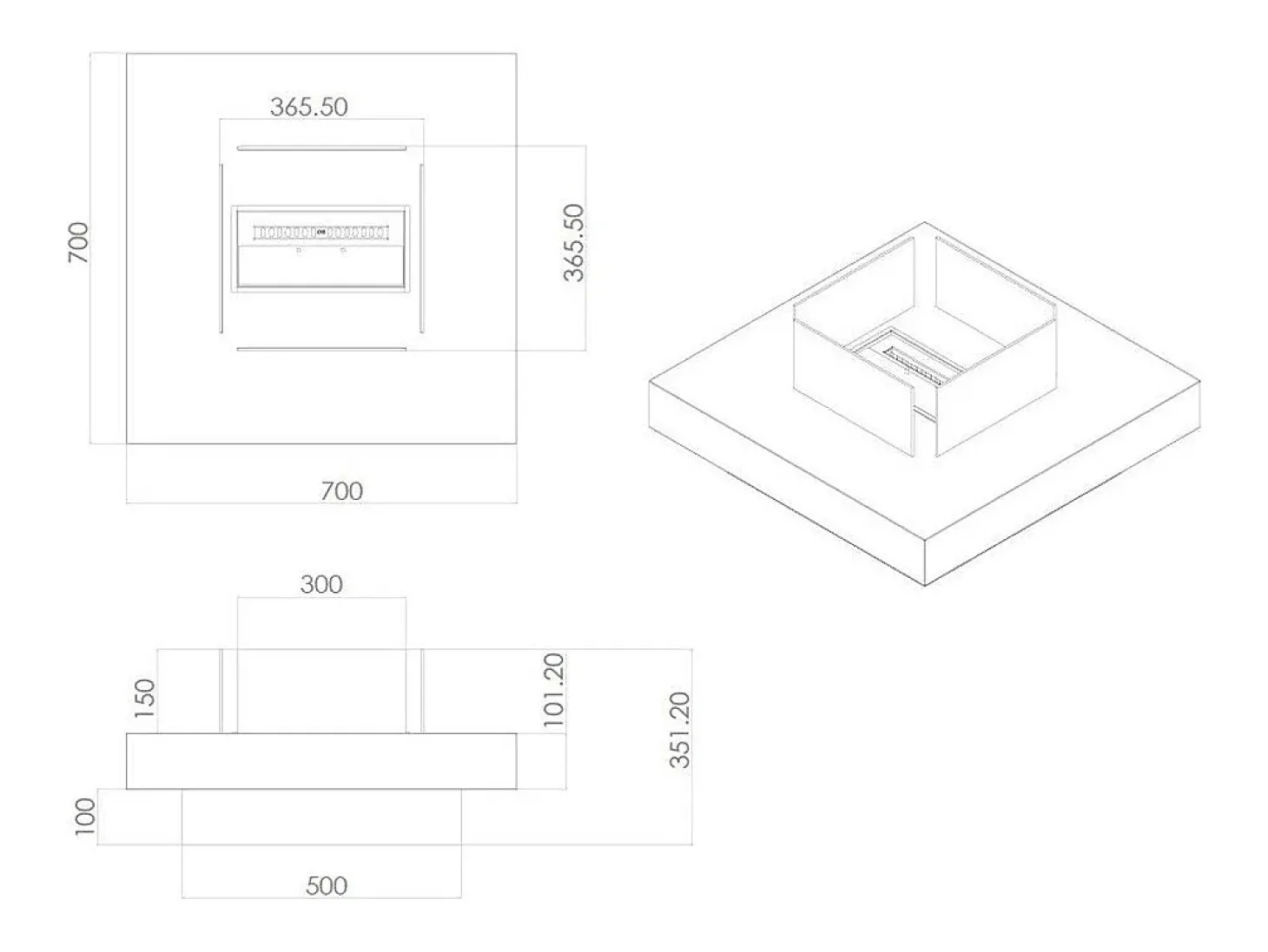 Chimenea de bioetanol para uso interior y exterior Panarea Nero 70x70x35