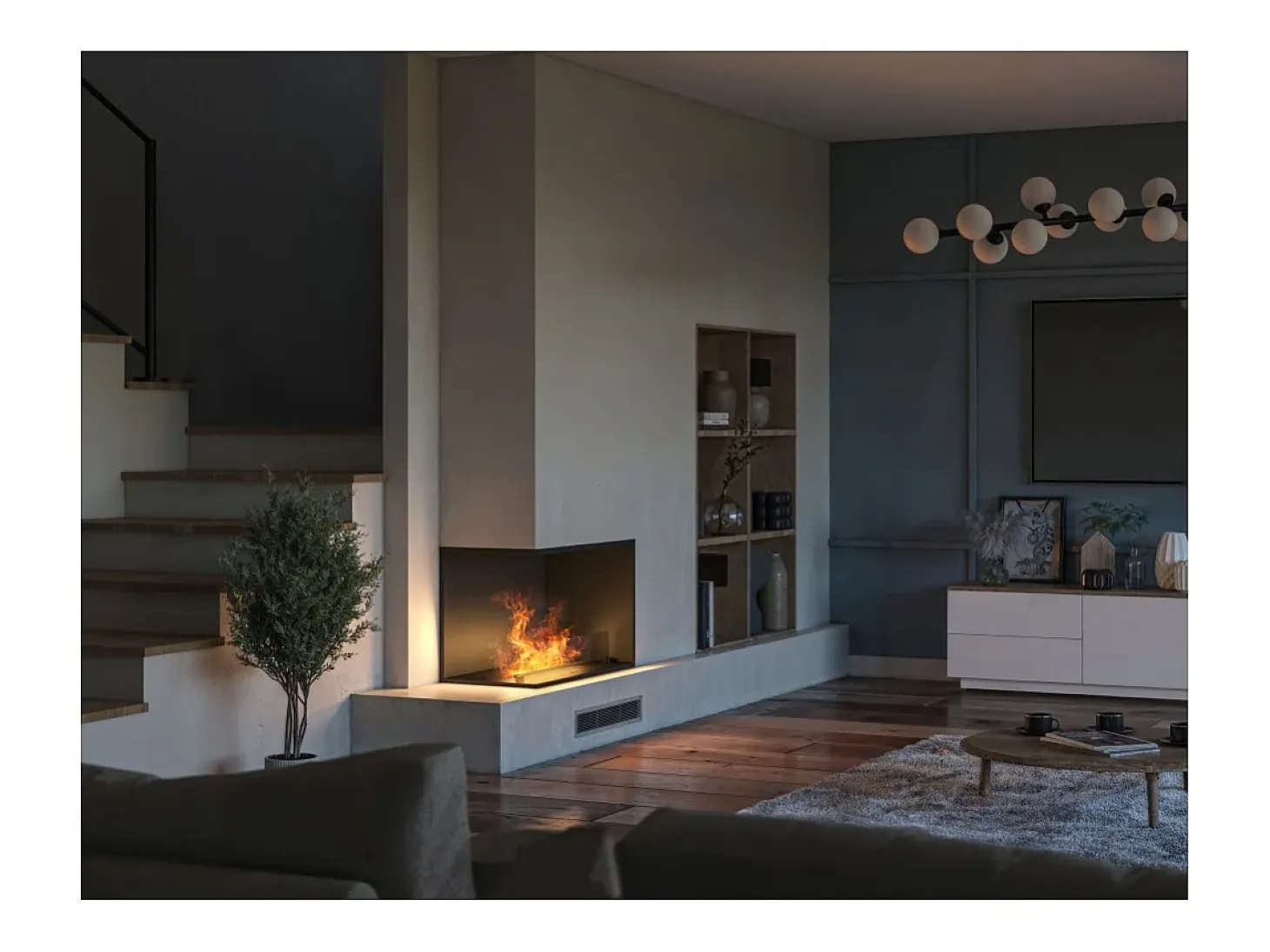 Chimenea vapor de agua empotrada Corner L800 - Llama multicolor 3D, control app, depósito 1,2 l, recarga automática - 80 cm
