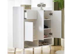 Cómoda / Aparador / Zapatero con estantes regulables, patas de madera maciza, blanco (90x35x99 cm)