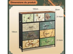 Cómoda de 9 cajones para dormitorio, estilo industrial, estructura de metal, tablero de madera, multicolor