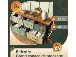Cómoda de 5 cajones para dormitorio, mueble de almacenaje con estructura de metal, multicolor