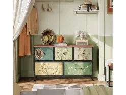 Cómoda de 5 cajones para dormitorio, mueble de almacenaje con estructura de metal, multicolor