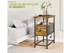 Cómoda estrecha, mesita de noche con función de carga y tira de luz, mesa auxiliar con cajones, 30 x 60 x 62 cm, estampado de tigre