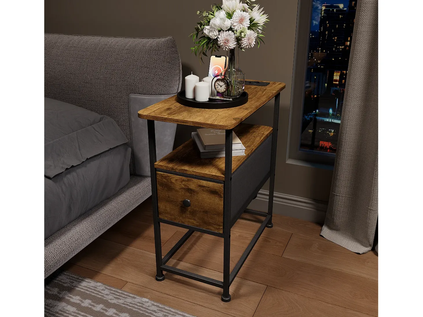 Cómoda estrecha, mesita de noche con función de carga y tira de luz, mesa auxiliar con cajones, 30 x 60 x 62 cm, estampado de tigre