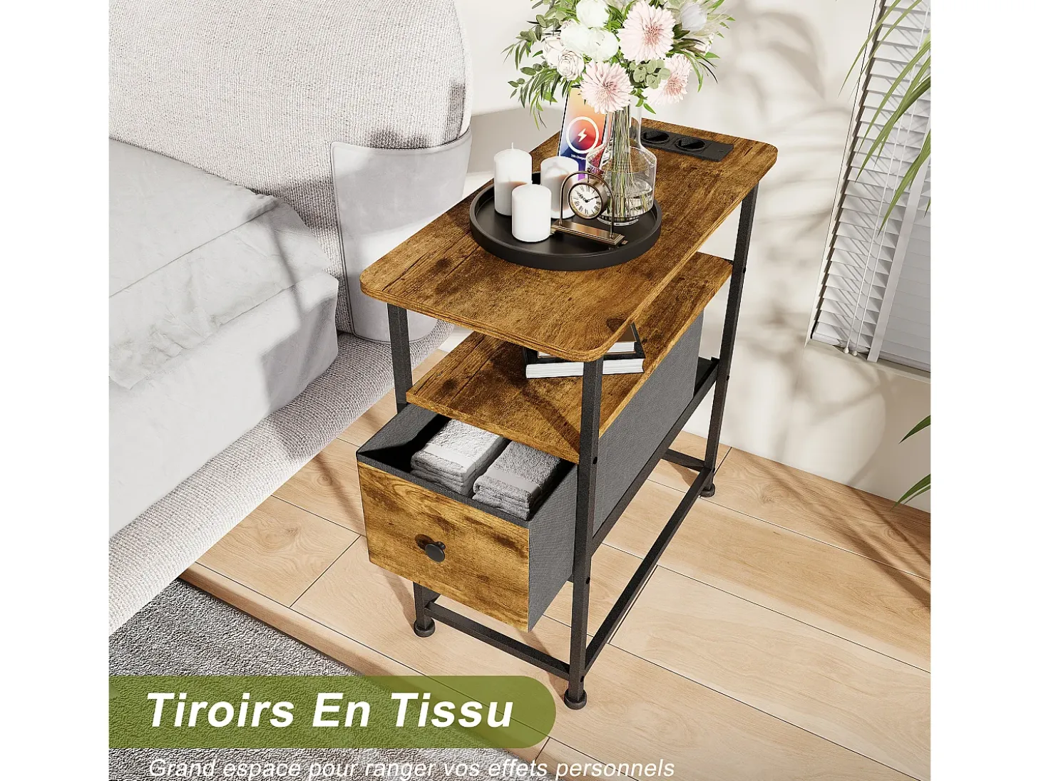 Cómoda estrecha, mesita de noche con función de carga y tira de luz, mesa auxiliar con cajones, 30 x 60 x 62 cm, estampado de tigre