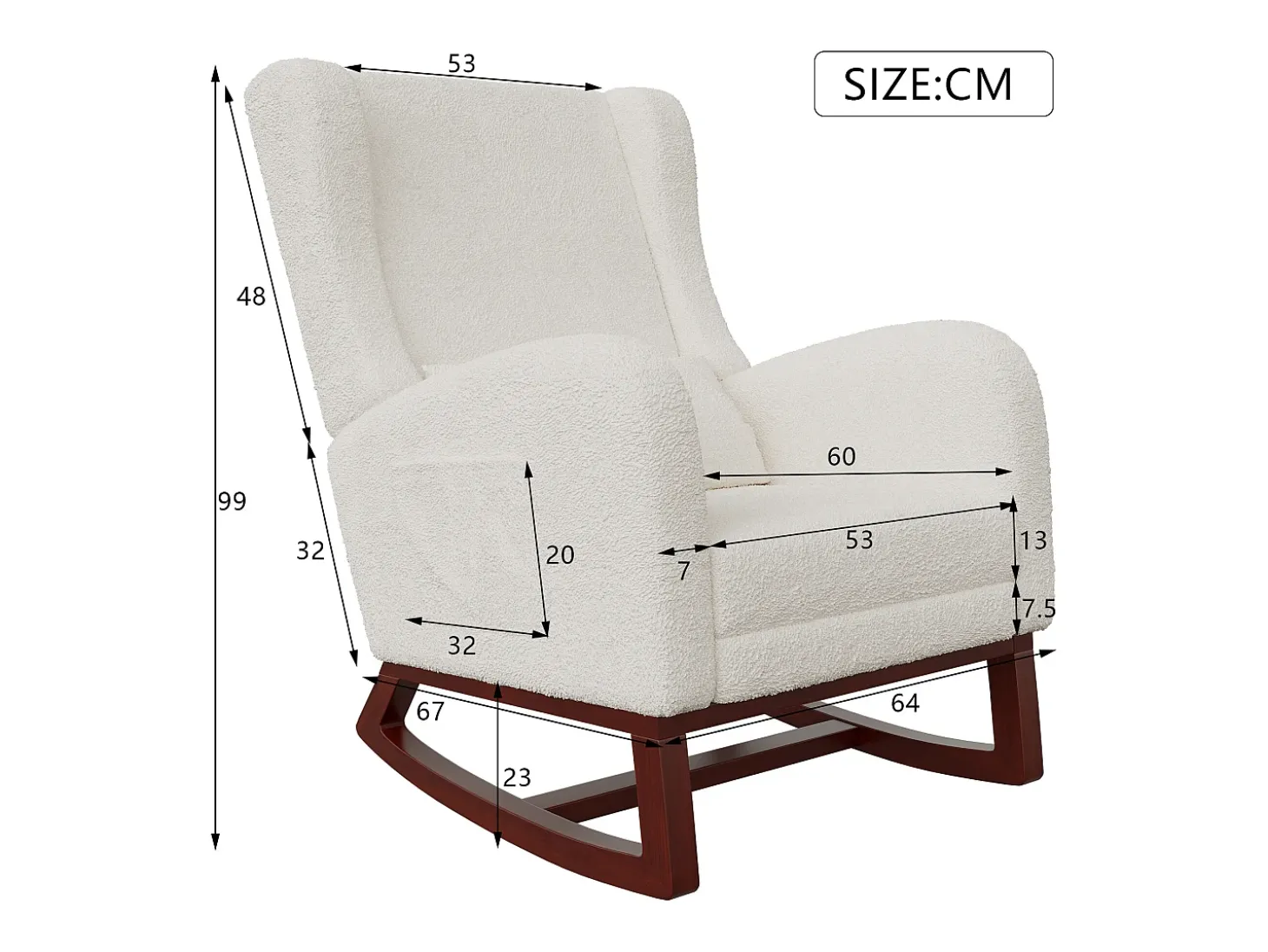 Cojín lumbar con bolsillo lateral y reposapiés, Mecedora, Patas de Madera Maciza, Beige