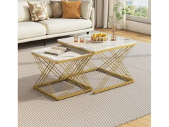 Conjunto de 2 mesas de centro nido de forma cuadrada - 60x60x45 +45x45x40 cm - Efecto mármol - Madera MDF y metal - Blanco + dorado