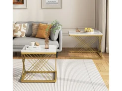 Conjunto de 2 mesas de centro nido de forma cuadrada - 60x60x45 +45x45x40 cm - Efecto mármol - Madera MDF y metal - Blanco + dorado
