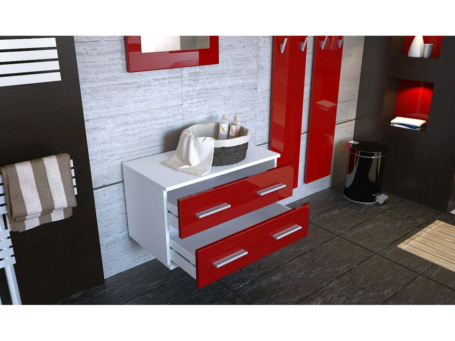 Conjunto de armario Kioto, Carcasa en negro mate / Frente en gris arena alto brillo