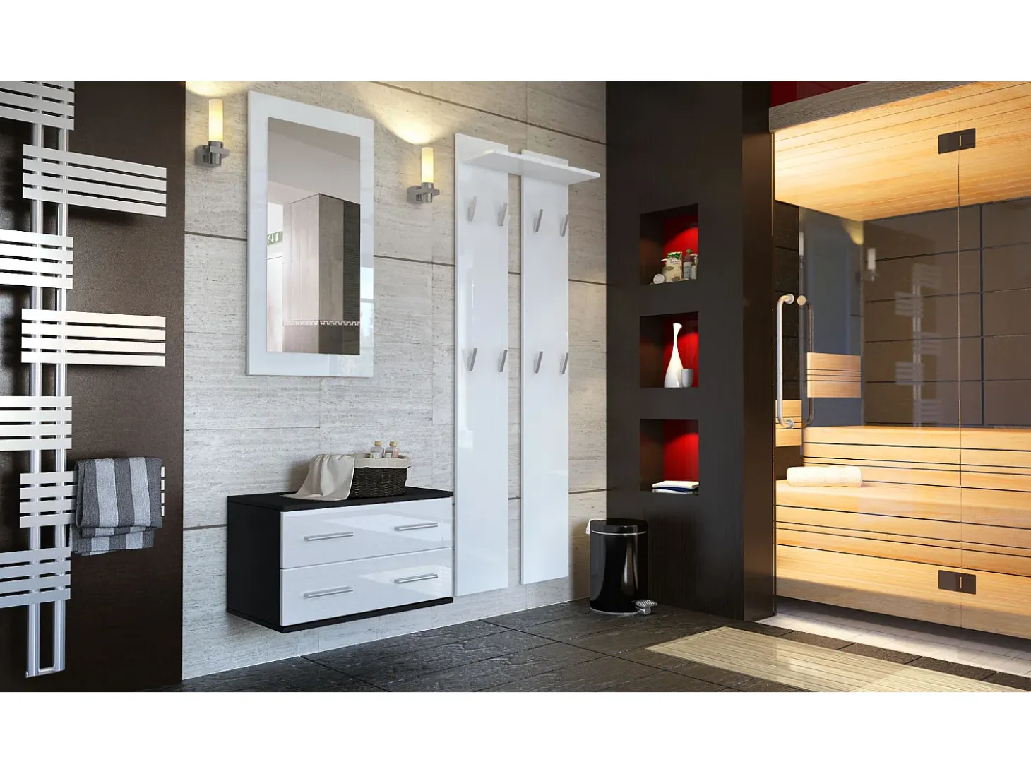 Conjunto de armario Kioto, Carcasa en Negro mate / Frente en Blanco alto brillo