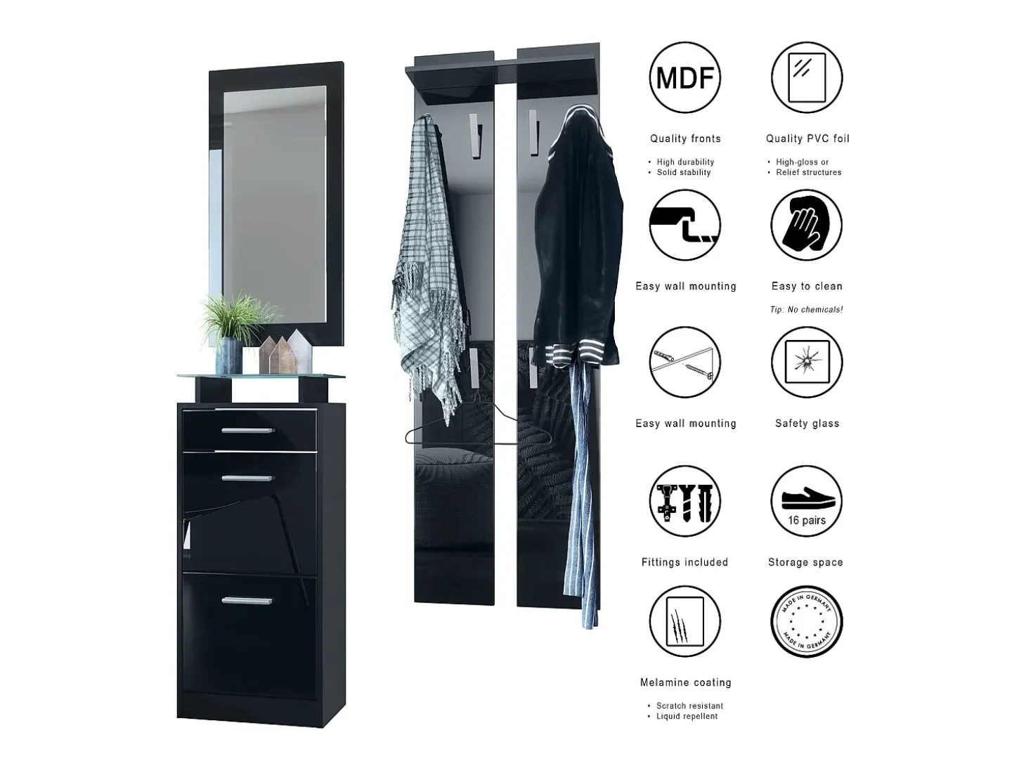 Conjunto de armario Loret V2 Mini, Carcasa en Negro mate / Frente en Gris Hormigón Óxido