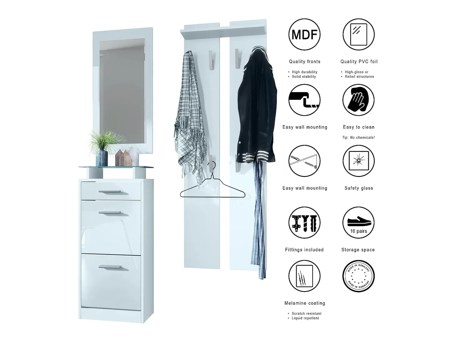 Conjunto de armario Loret V2 Mini, Carcasa en blanco mate / Frente en blanco alto brillo