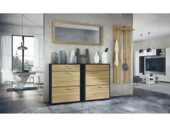 Conjunto de armario Orlando con zapatero, panel de pared y espejo de pared, negro mate/roble natural