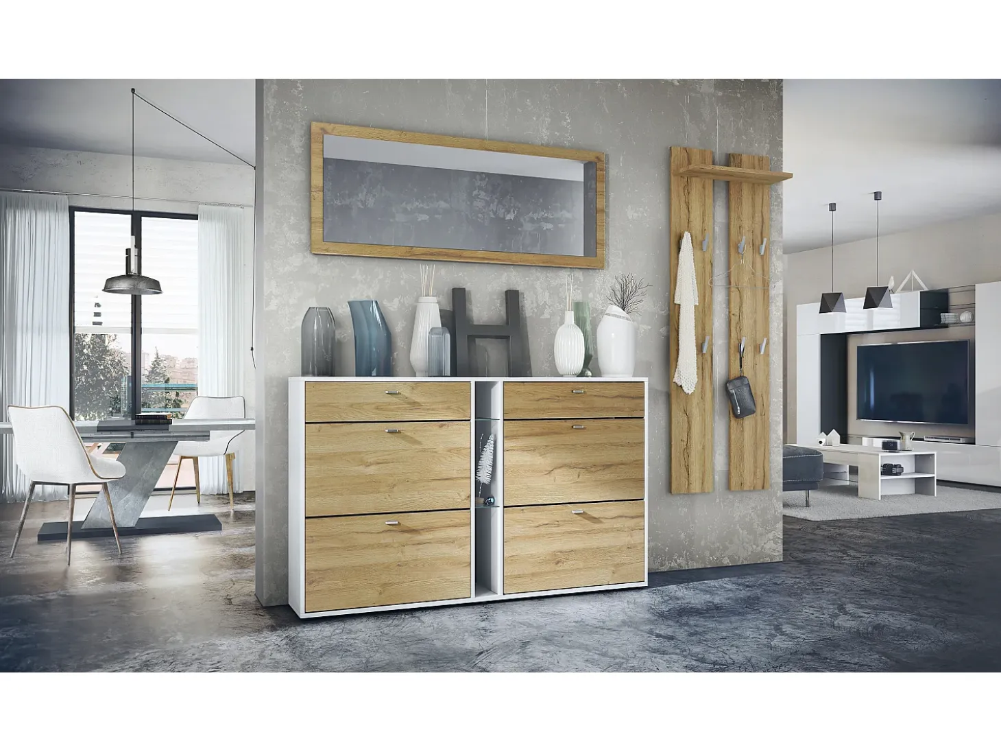 Conjunto de armario Orlando con zapatero, panel de pared y espejo de pared, blanco mate/roble natural
