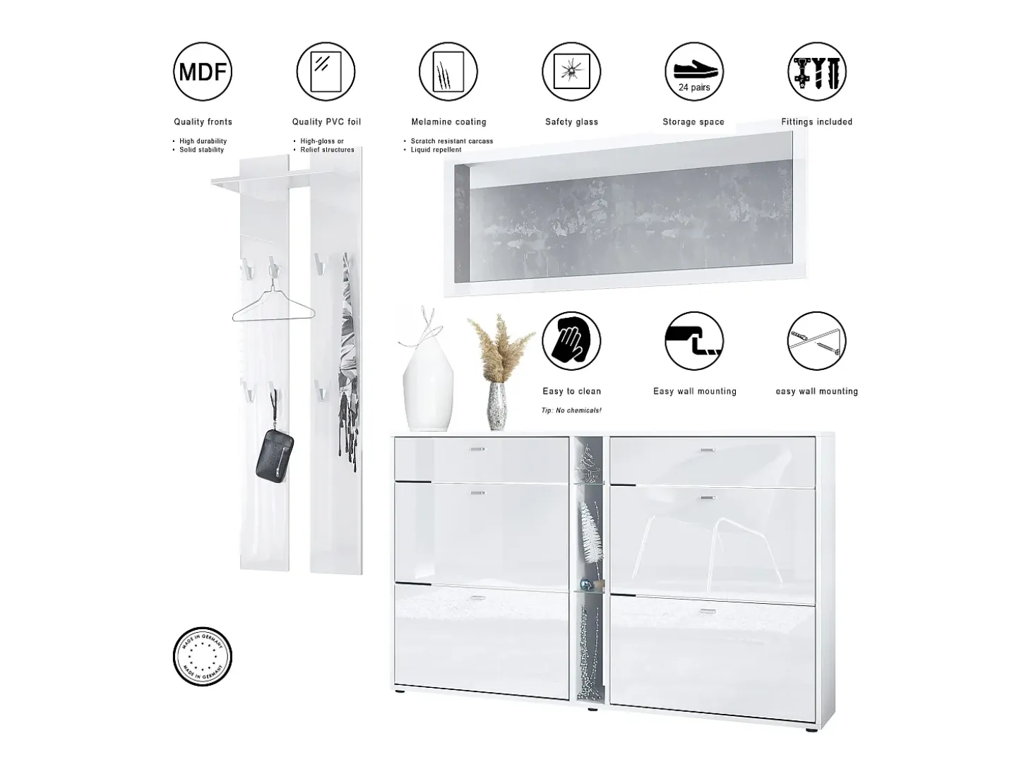 Conjunto de armario Orlando con zapatero, panel de pared y espejo de pared, blanco mate/roble natural