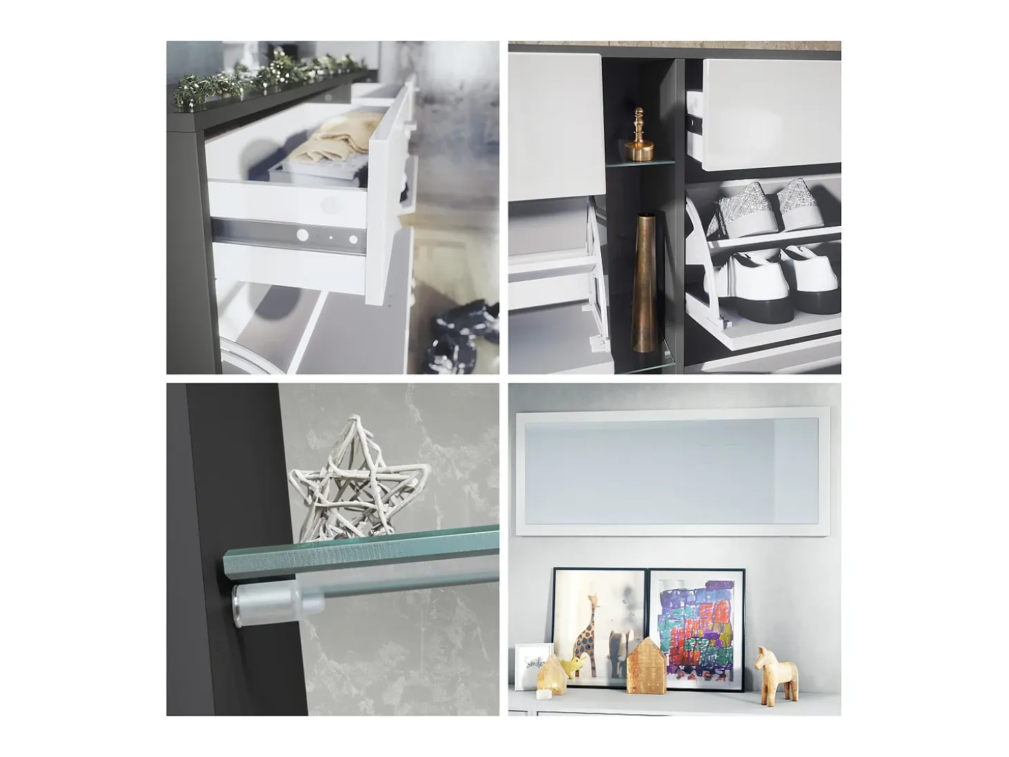 Conjunto de armario Orlando con zapatero, panel de pared y espejo de pared, negro mate/burdeos de alto brillo