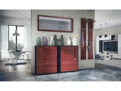 Conjunto de armario Orlando con zapatero, panel de pared y espejo de pared, negro mate/burdeos de alto brillo