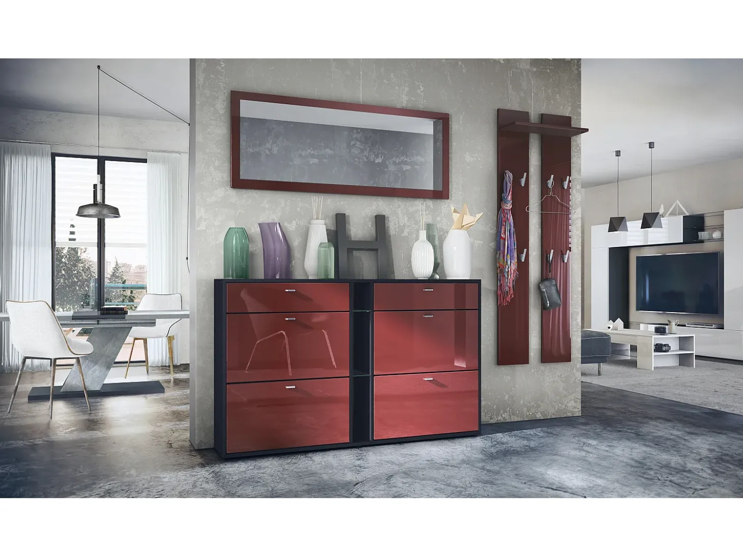 Conjunto de armario Orlando con zapatero, panel de pared y espejo de pared, negro mate/burdeos de alto brillo