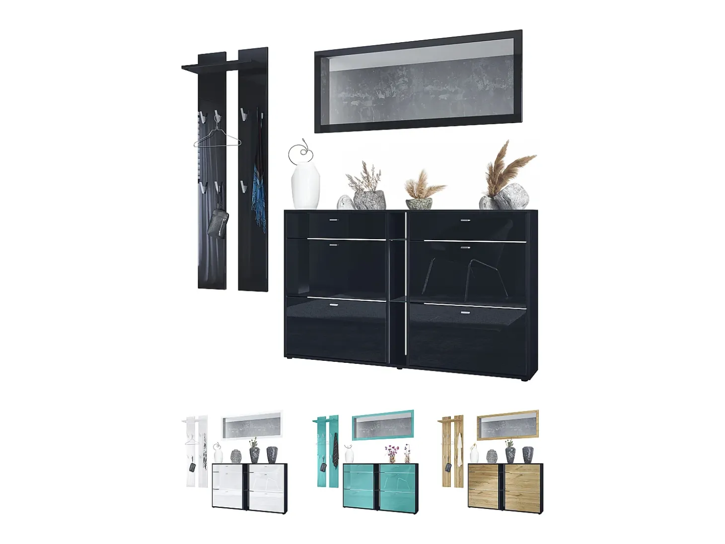Conjunto de armario Orlando con zapatero, panel de pared y espejo de pared, negro mate/burdeos de alto brillo