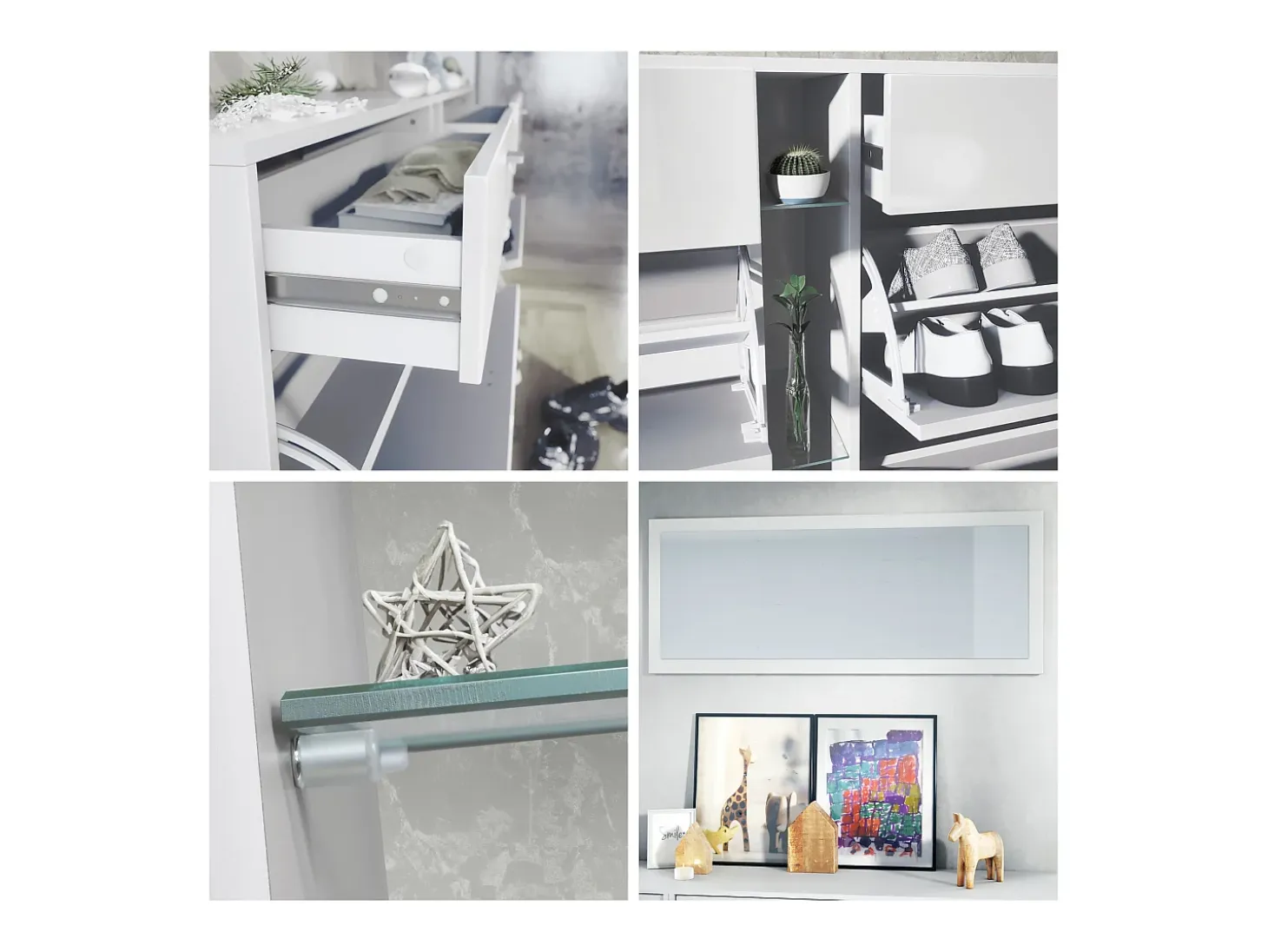Conjunto de armario Orlando con zapatero, panel de pared y espejo de pared, blanco mate/gris arena de alto brillo
