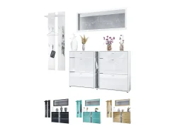 Conjunto de armario Orlando con zapatero, panel de pared y espejo de pared, blanco mate/gris arena de alto brillo