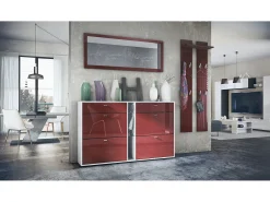 Conjunto de armario Orlando con zapatero, panel de pared y espejo de pared, blanco mate/burdeos de alto brillo
