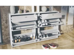 Conjunto de armario Orlando con zapatero, panel de pared y espejo de pared, blanco mate/burdeos de alto brillo