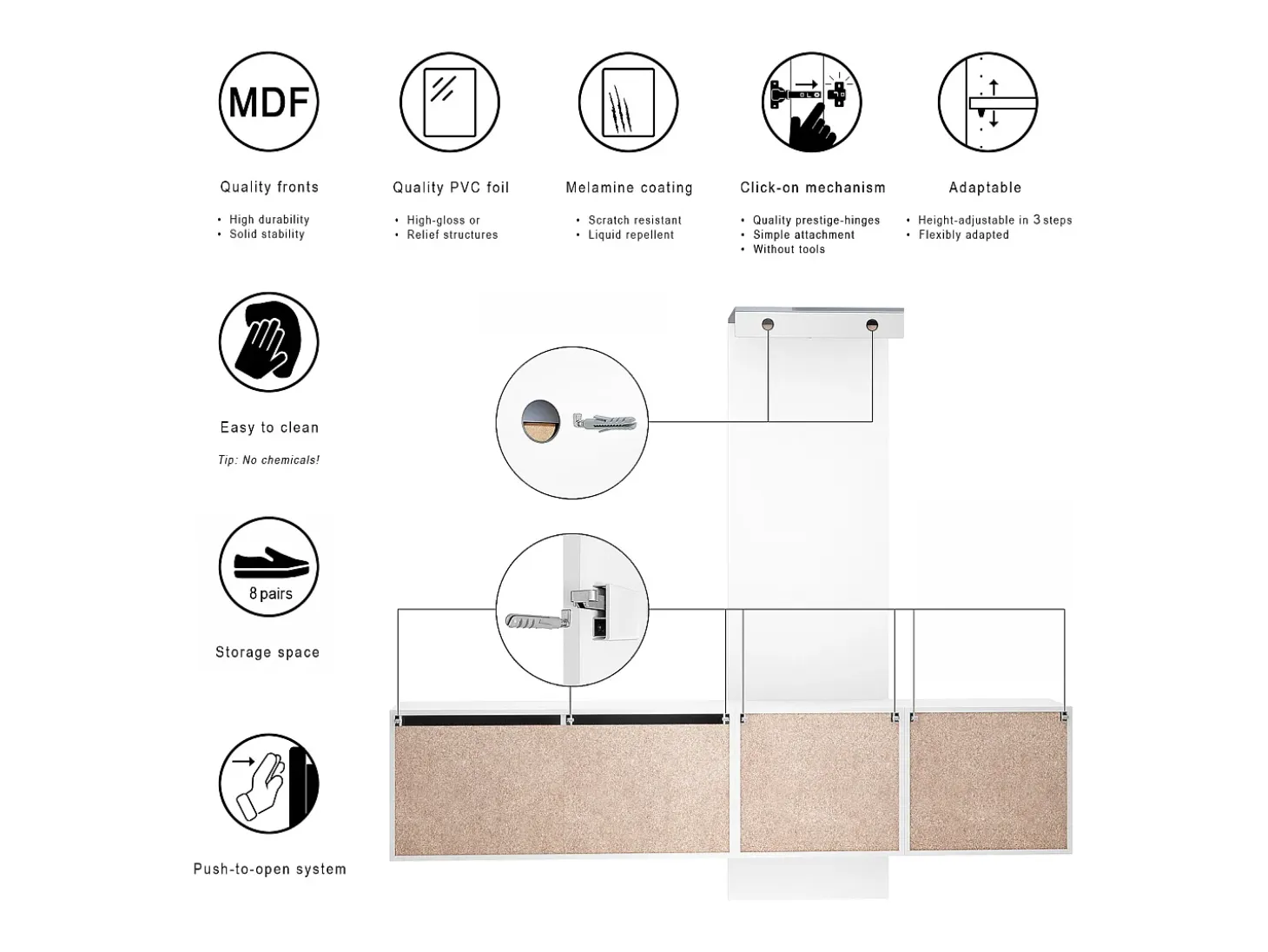 Conjunto de armario Vladon DualVista, compuesto por 1 panel para abrigos, 1 armario con cajones, 1 módulo de armario y 2 espejos, blanco mate/hormigón oxidado
