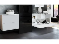Conjunto de armario Vladon DualVista, compuesto por 1 panel para abrigos, 1 armario con cajones, 1 módulo de armario y 2 espejos, blanco mate/hormigón oxidado