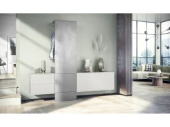 Conjunto de armario Vladon DualVista, compuesto por 1 panel para abrigos, 1 armario con cajones, 1 módulo de armario y 2 espejos, blanco mate/hormigón oxidado