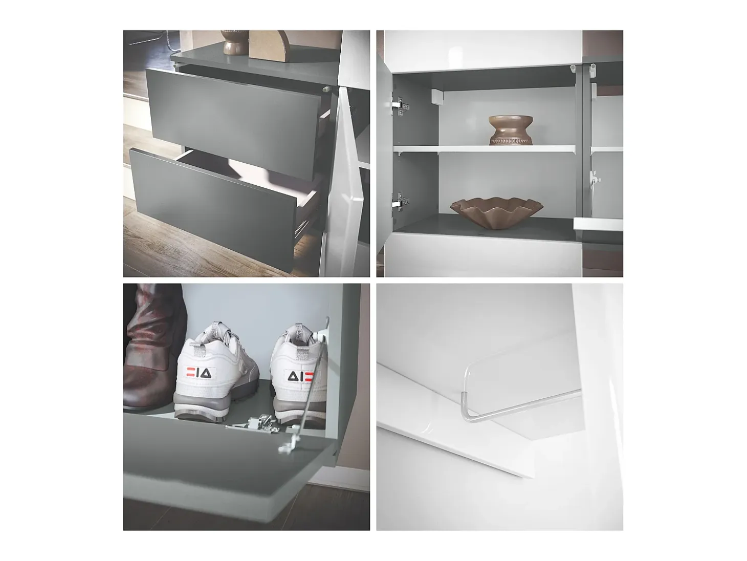 Conjunto de armario Vladon DualVista, compuesto por 1 panel para abrigos, 1 armario con cajones, 1 módulo de armario y 2 espejos, antracita mate/hormigón oxidado
