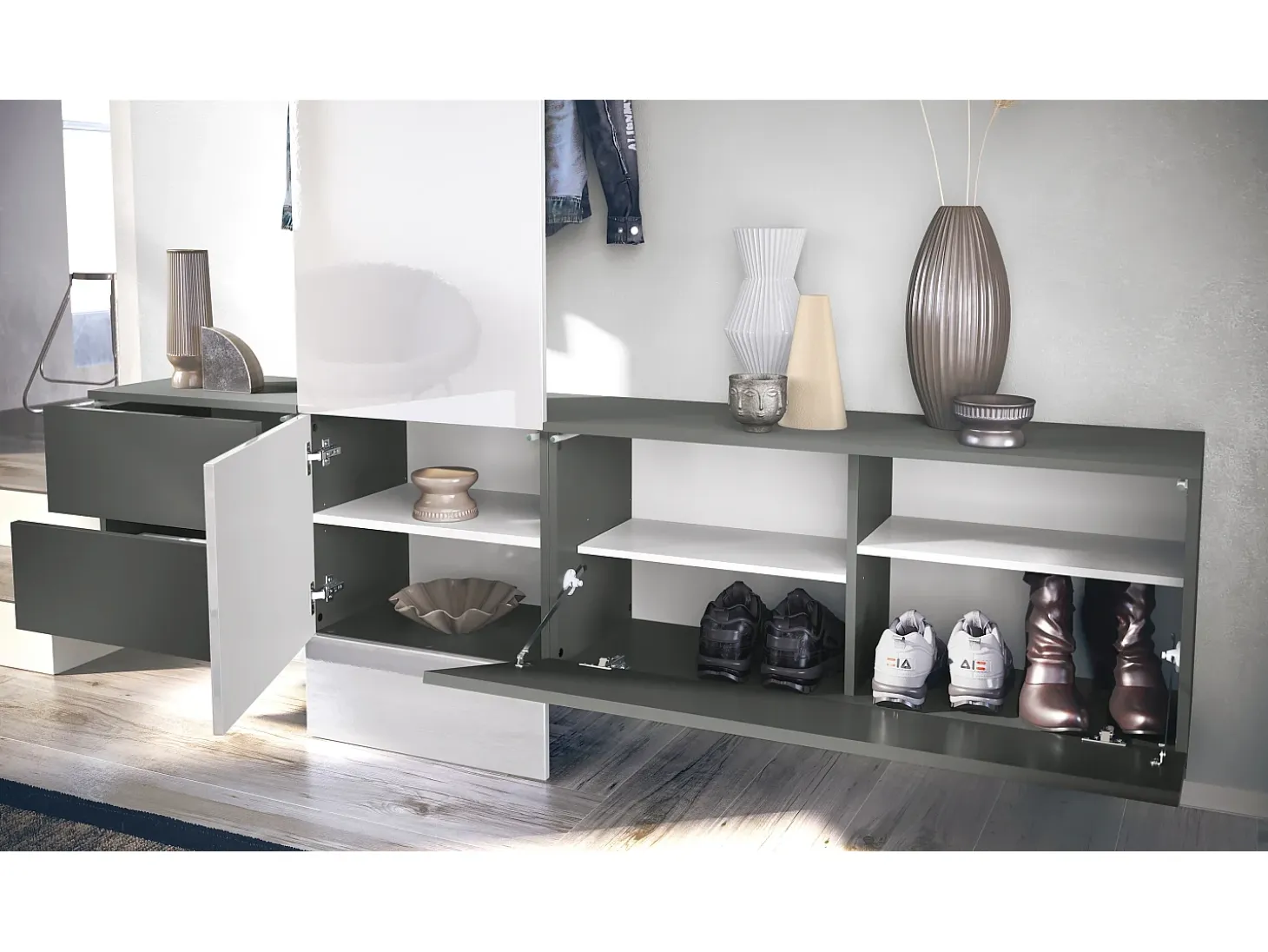 Conjunto de armario Vladon DualVista, compuesto por 1 panel para abrigos, 1 armario con cajones, 1 módulo de armario y 2 espejos, antracita mate/hormigón oxidado