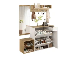 Conjunto de armario/almacenamiento de 4 piezas: con zapatero, banco, perchero de pared y espejo. Fabricado en aglomerado, color blanco.