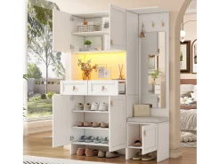 Conjunto de armario/guardarropa - 120 x 33,5 x 180 cm - con banco + zapatero + 3 ganchos + 2 cajones + 1 espejo - aglomerado - blanco