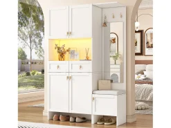 Conjunto de armario/guardarropa - 120 x 33,5 x 180 cm - con banco + zapatero + 3 ganchos + 2 cajones + 1 espejo - aglomerado - blanco