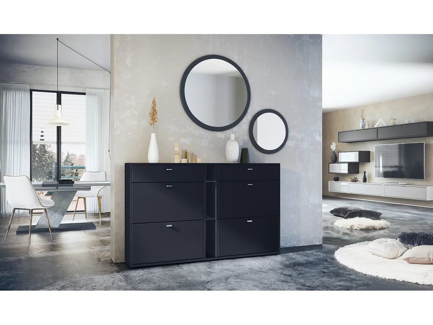 Conjunto de guardarropa Florence con zapatero y 2 espejos de pared, Hecho en ALEMANIA, negro mate/negro mate