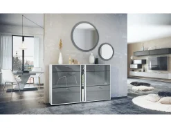 Conjunto de guardarropa Florence con zapatero y 2 espejos de pared, Hecho en ALEMANIA, blanco mate/gris de alto brillo